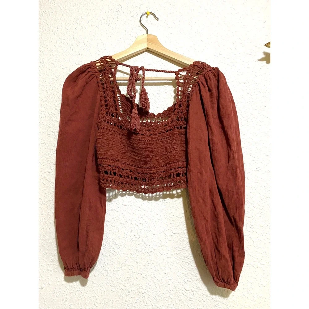 Free People babydoll fairy whimsy y2k resort Crochet Gauze Crop Top Rust Boho XS